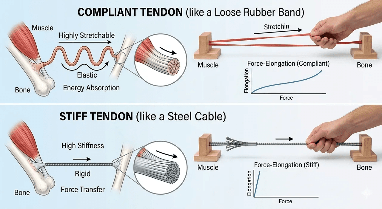 Diagram comparing compliant and stiff tendons in athletic performance