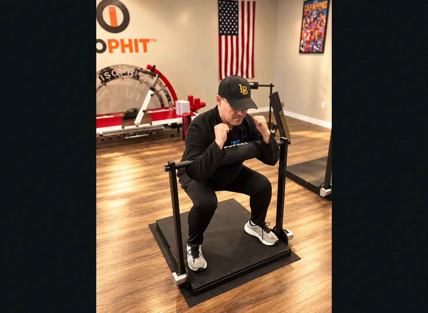 Adult athlete performing an individualized isometric squat at Sweat Is Free
